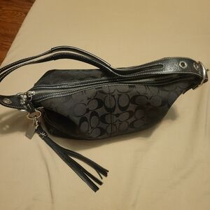 Coach Black Monogram Shoulder Bag with Leather Accents